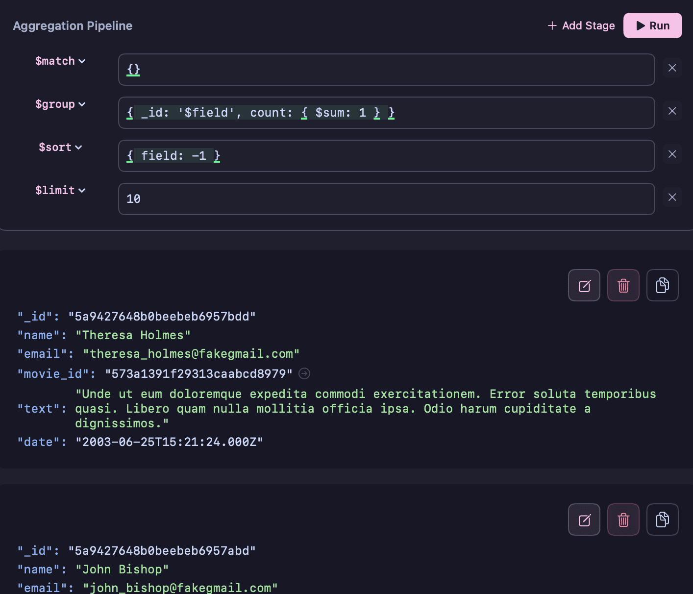 Aggregation Pipeline Builder — $match, $group, $sort, $limit stages