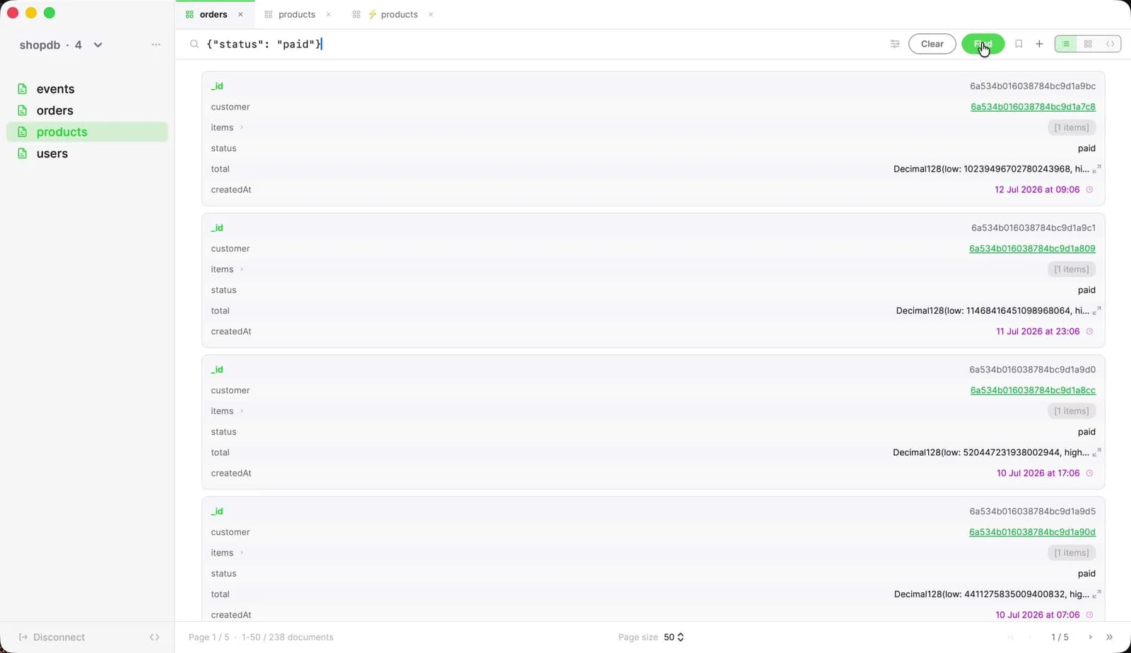 Mongon on Mac — a connected MongoDB session browsing filtered orders