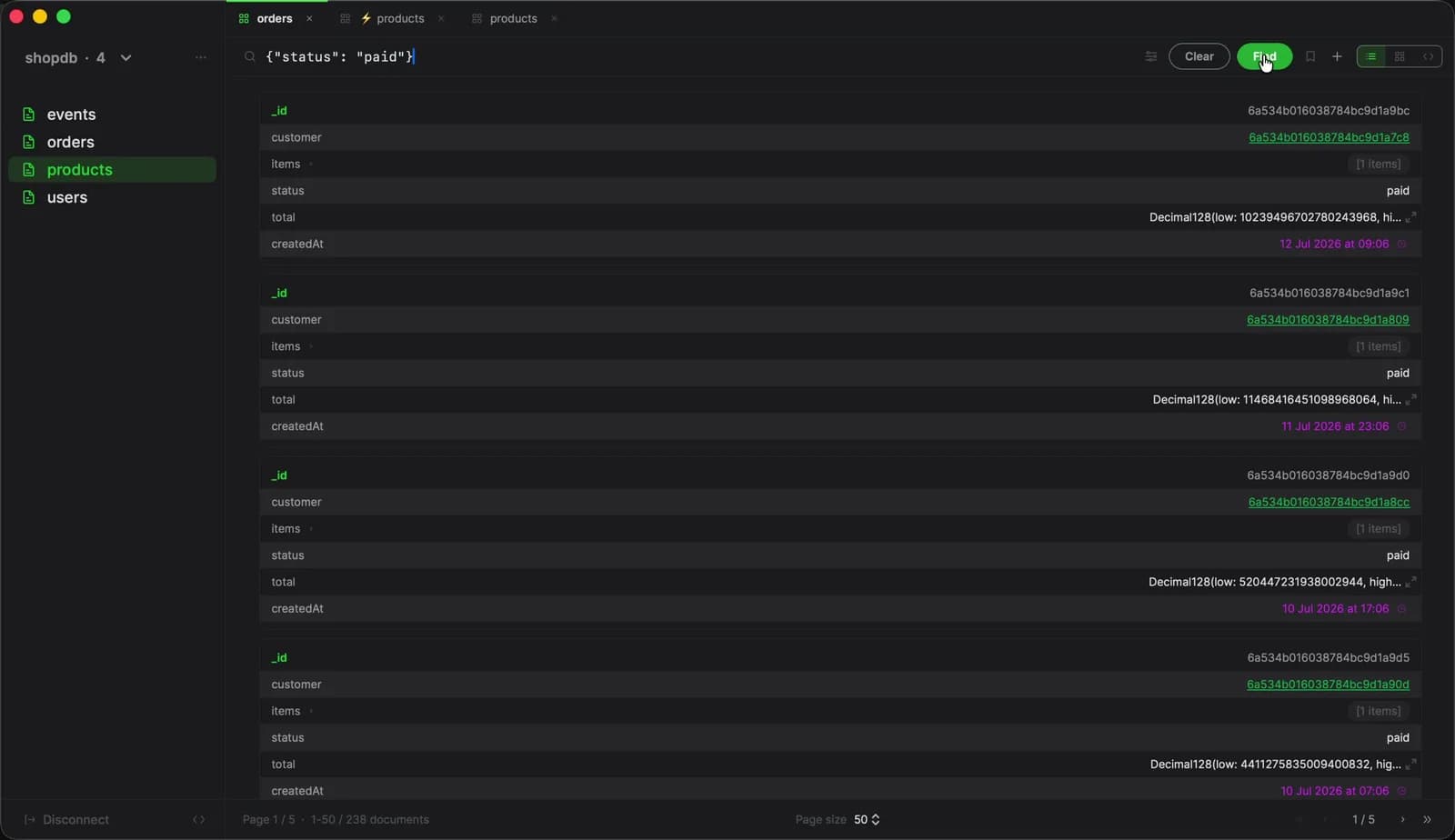 Mongon on Mac — a connected MongoDB session browsing filtered orders