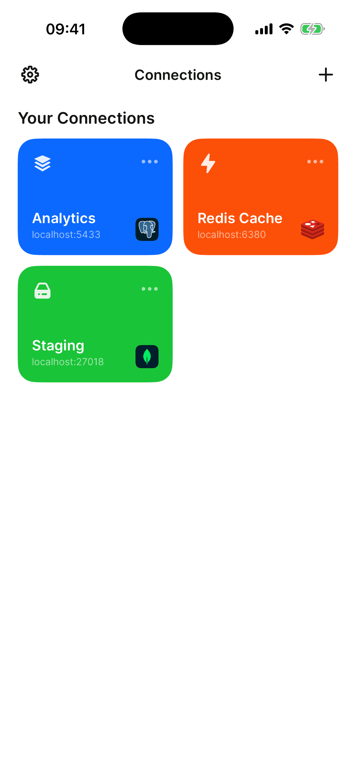 Mongon on iPhone — the synced connections grid with Analytics, Redis Cache, and Staging