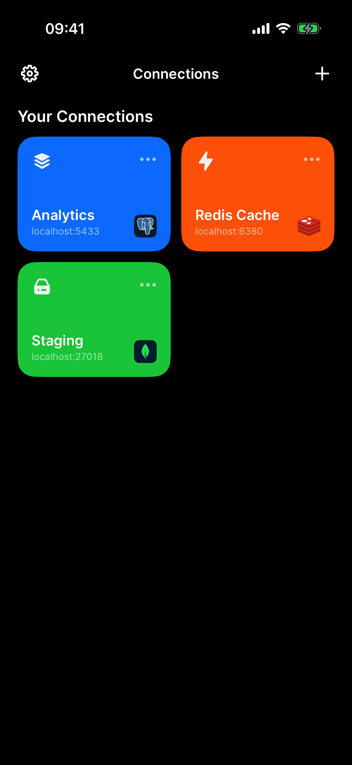 Mongon on iPhone — the synced connections grid with Analytics, Redis Cache, and Staging
