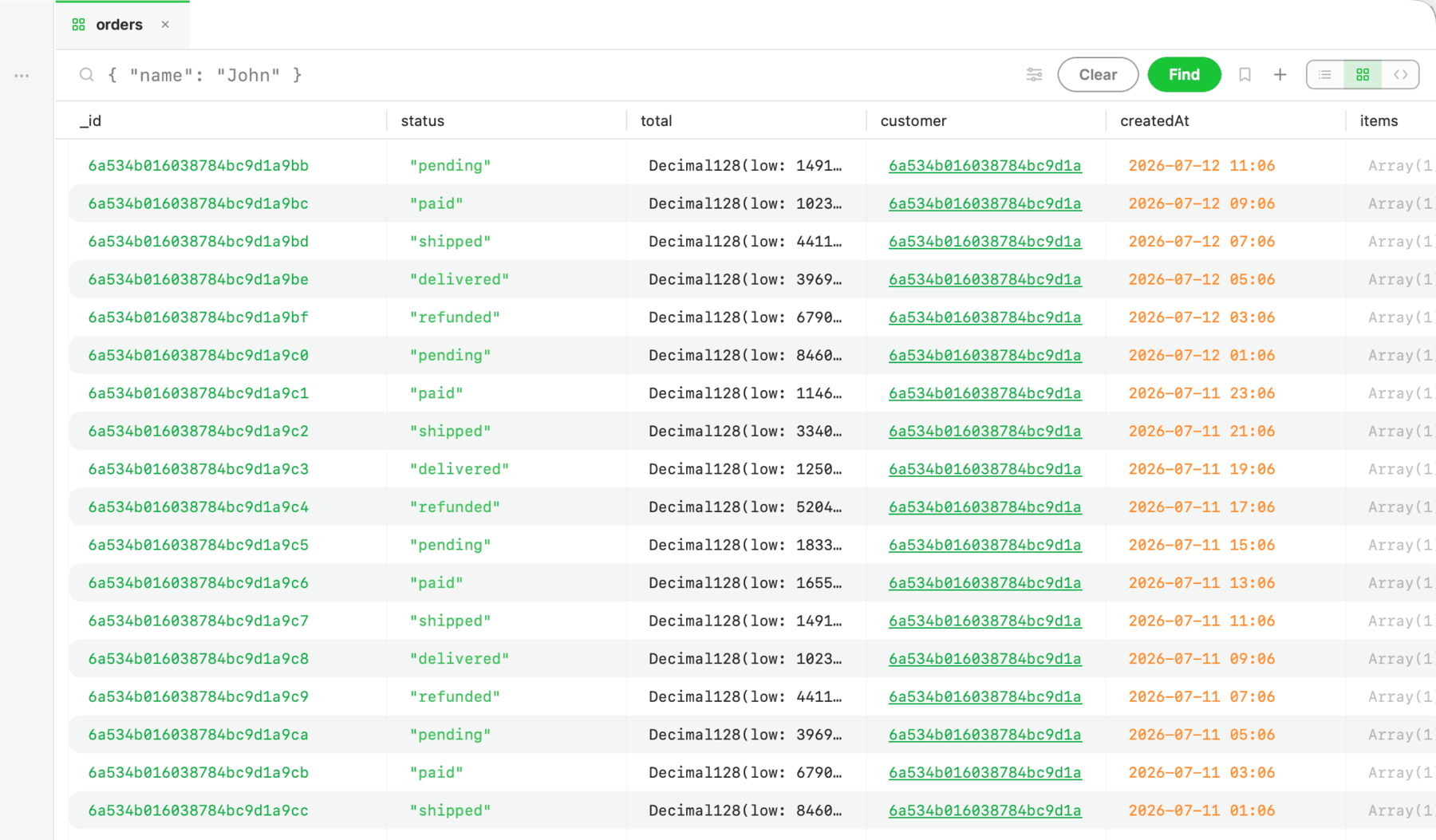 Mongon connected to MongoDB — browsing 1,200 order documents in the table view with clickable ObjectIds