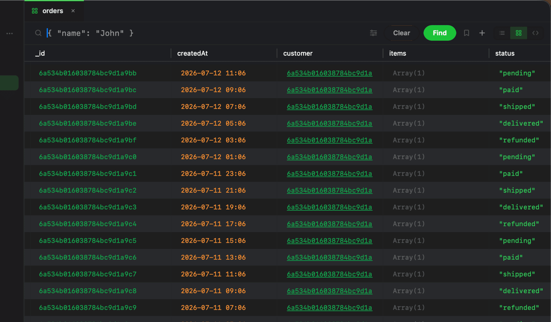 Mongon connected to MongoDB — browsing 1,200 order documents in the table view with clickable ObjectIds