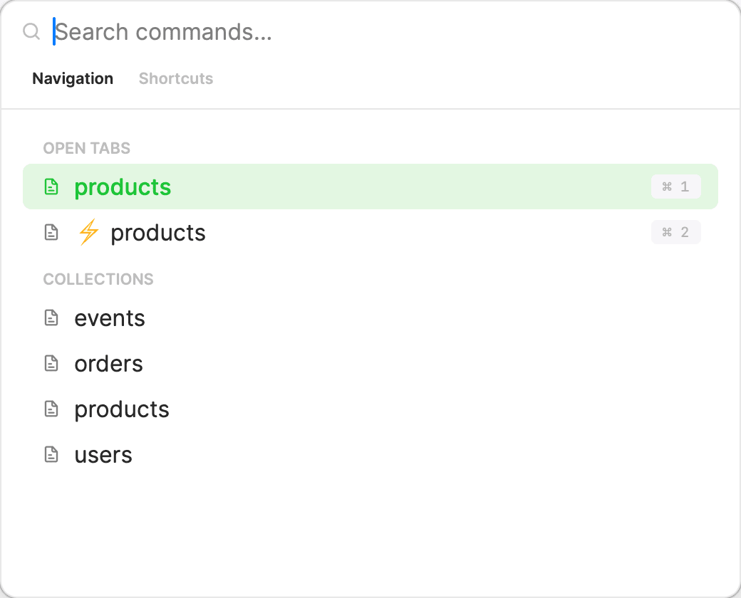 Mongon command palette — ⌘P searching open tabs and collections