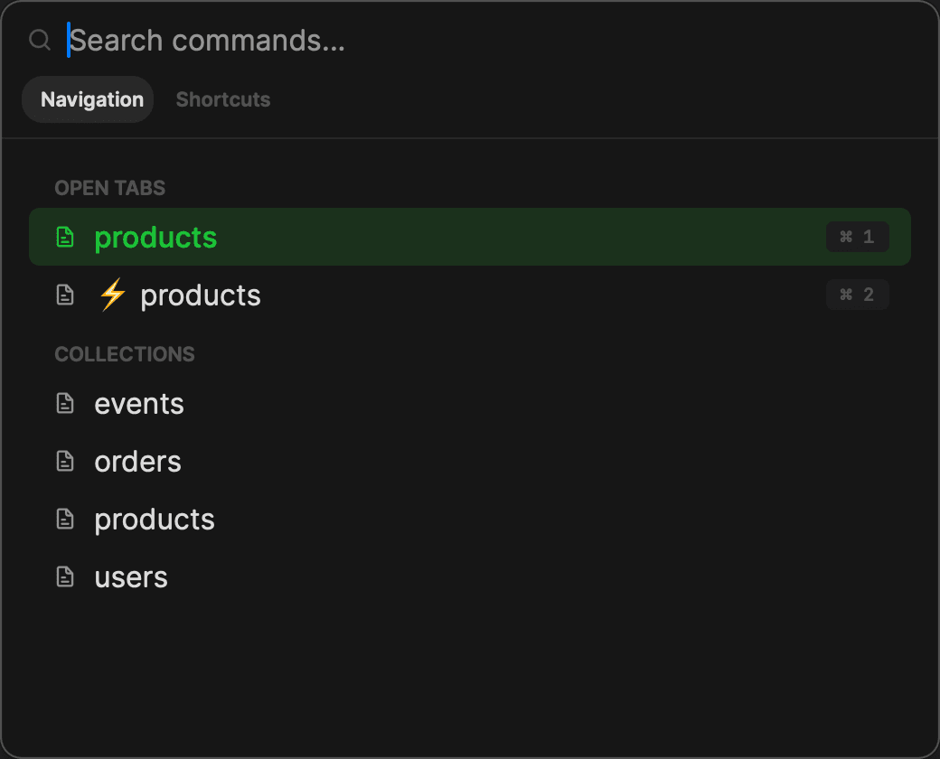 Mongon command palette — ⌘P searching open tabs and collections