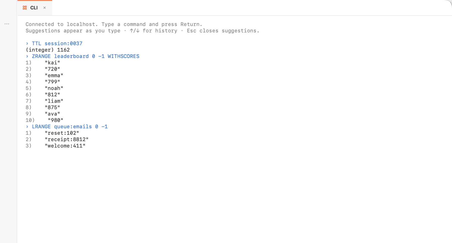 Mongon connected to Redis — the built-in CLI running TTL and ZRANGE against a live keyspace
