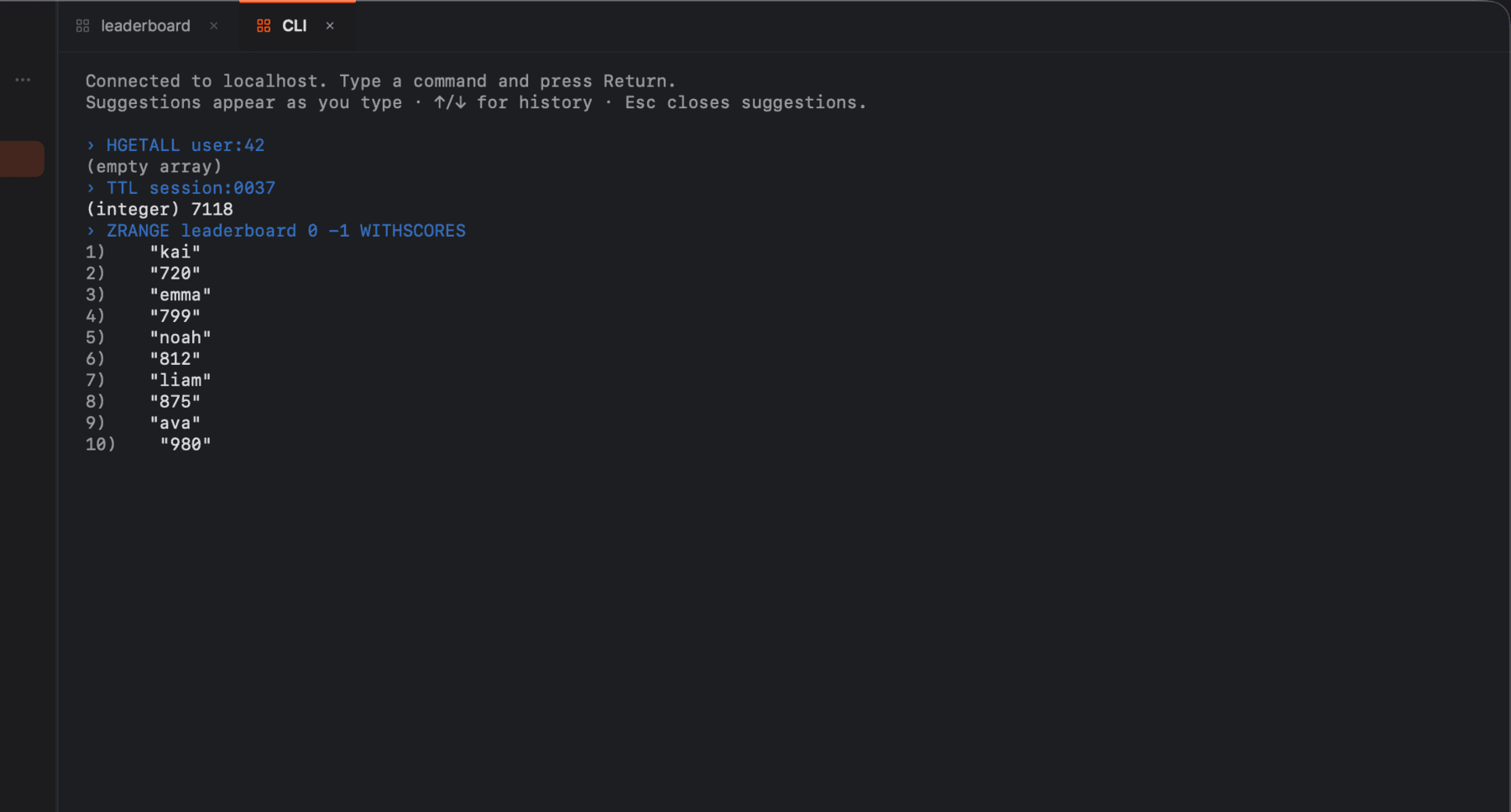Mongon connected to Redis — the built-in CLI running TTL and ZRANGE against a live keyspace