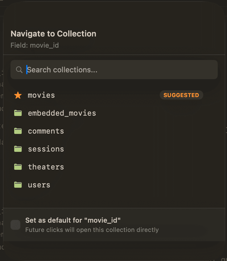 Mongon collection picker sheet showing smart fuzzy-matched collection suggestions for ObjectId navigation